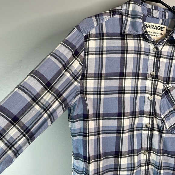 GARAGE Boyfriend Fit Plaid Brushed Cotton Shirt Blues Long Sleeve Button Up XS - Picture 6 of 13